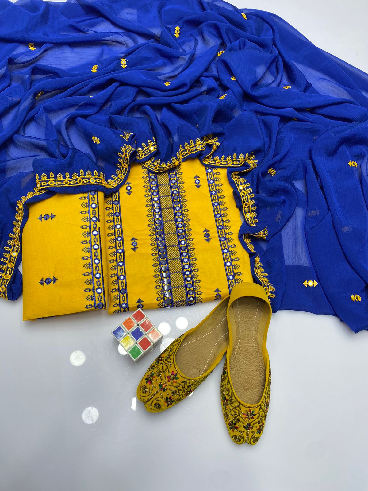 4pc Mirror Embroidered Dress Yellow (Khussa Gift)