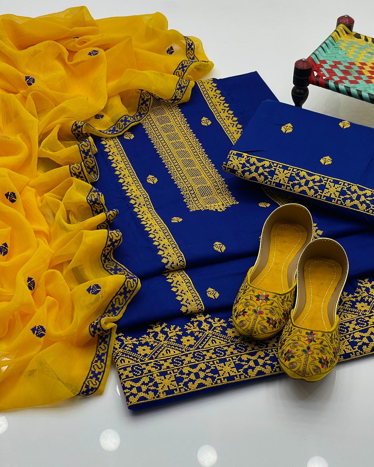 4pc Embroidered Dress Yellow/Blue (Khussa Gift)
