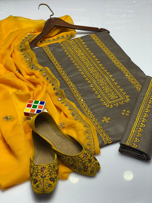 4pc Embroidered Dress Grey/yellow (Khussa Gift)
