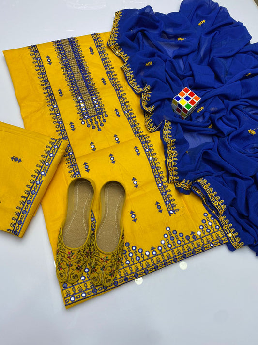 4pc Mirror Embroidered Dress Yellow (Khussa Gift)