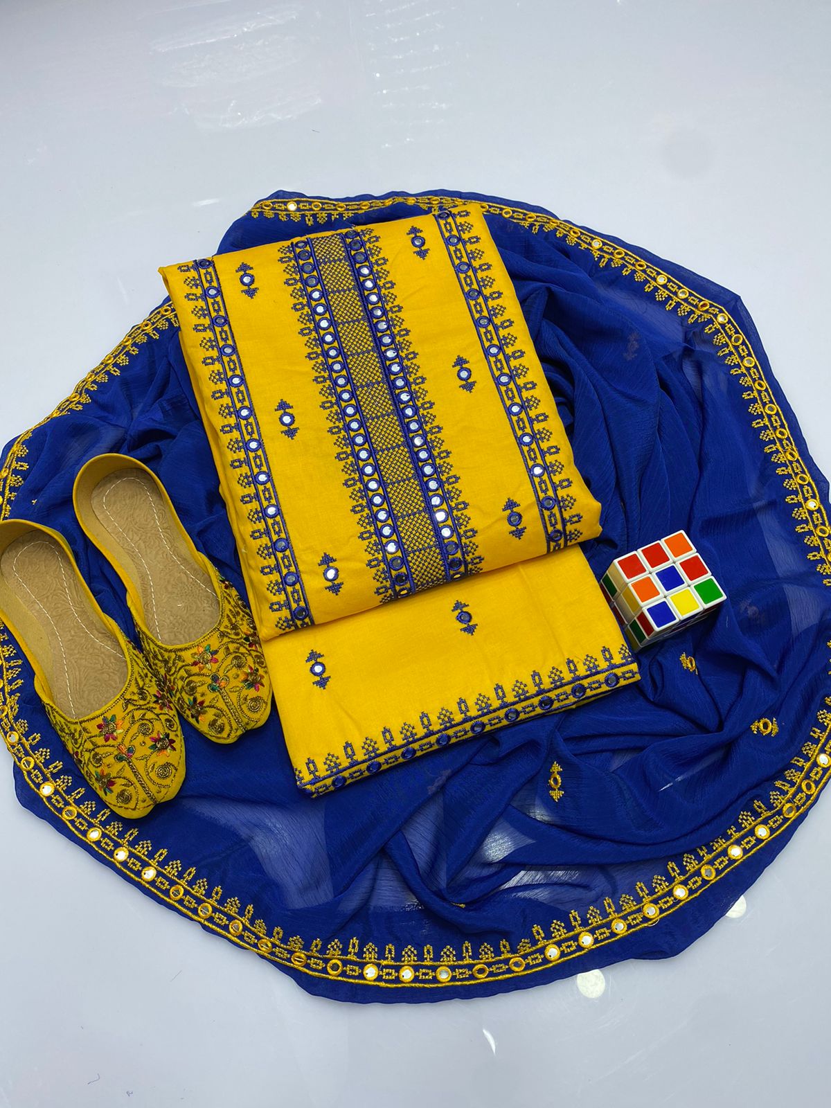 4pc Mirror Embroidered Dress Yellow (Khussa Gift)