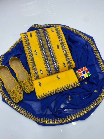 4pc Mirror Embroidered Dress Yellow (Khussa Gift)