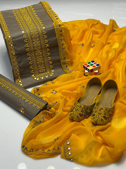 4pc Embroidered Dress Grey/yellow (Khussa Gift)