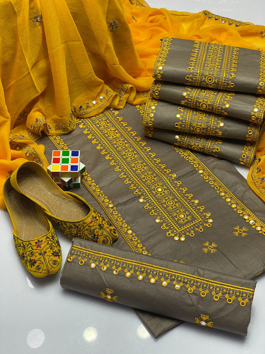 4pc Embroidered Dress Grey/yellow (Khussa Gift)