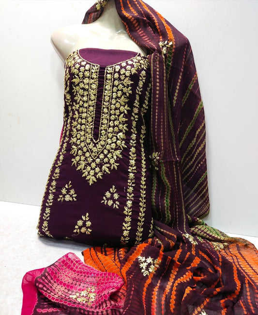 3pc Lawn Gotta Work Jall  Dress (Tie & Dye Dupatta) Purple