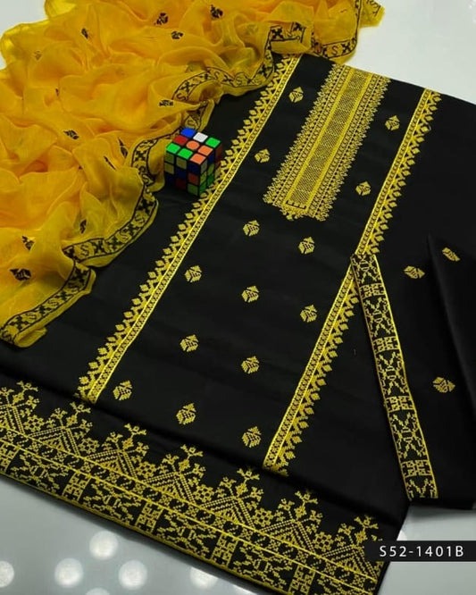 3pc Embroidered Dress (Black/Yellow)