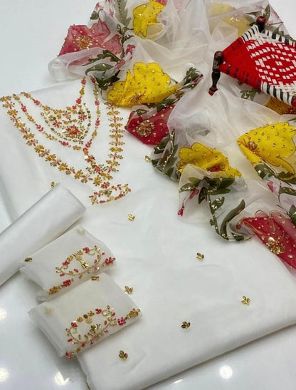 3PC Handmade Organza Dress With Brush Paint Dupatta