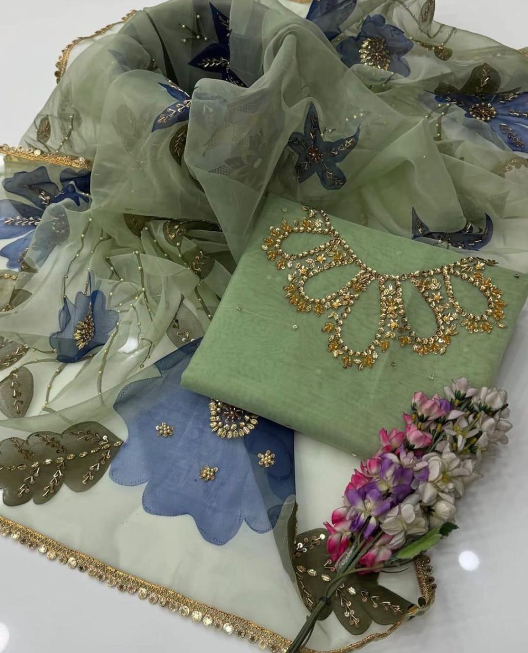3PC Handmade Organza Dress With Brush Paint Dupatta