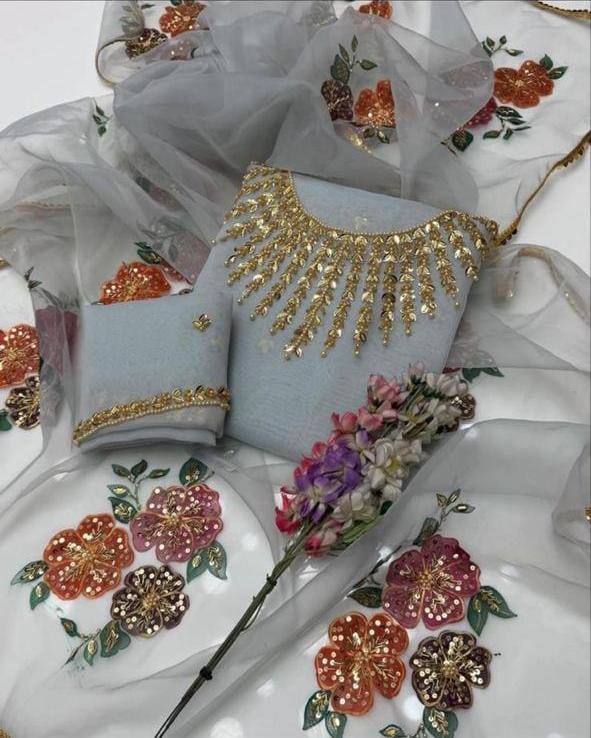 3PC Handmade Organza Dress With Brush Paint Dupatta