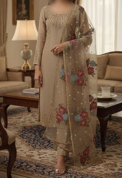 3PC Handmade Organza Dress With Brush Paint Dupatta