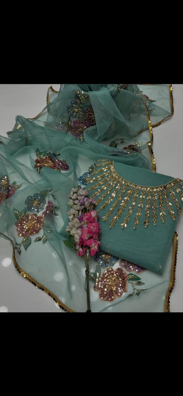 3PC Handmade Organza Dress With Brush Paint Dupatta