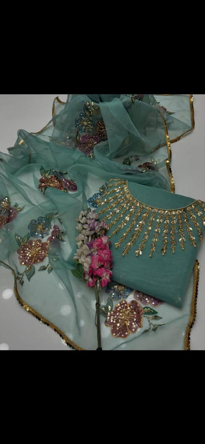 3PC Handmade Organza Dress With Brush Paint Dupatta