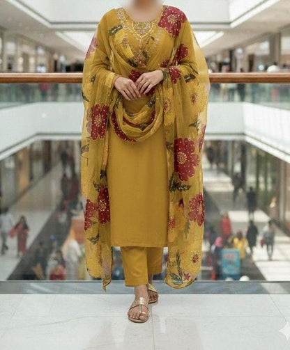 3PC Handmade Organza Dress With Brush Paint Dupatta