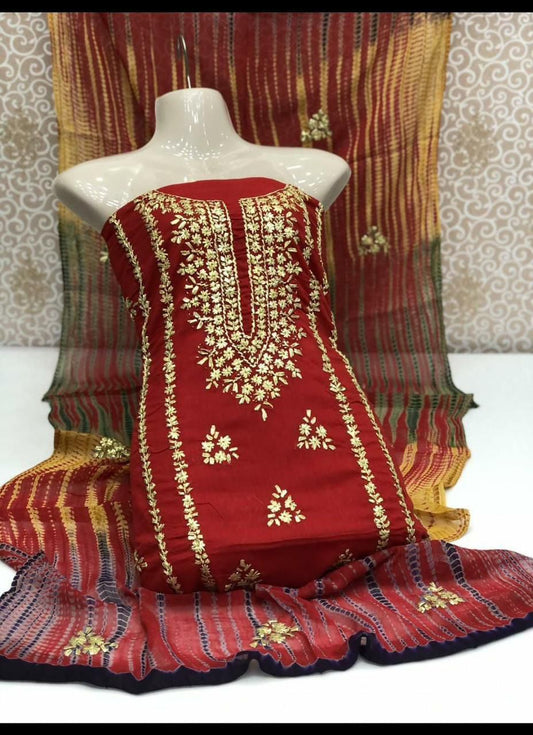 3pc Lawn Gotta Work Jall  Dress (Tie & Dye Dupatta) Meroon