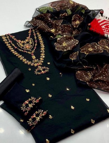 3PC Handmade Organza Dress With Brush Paint Dupatta