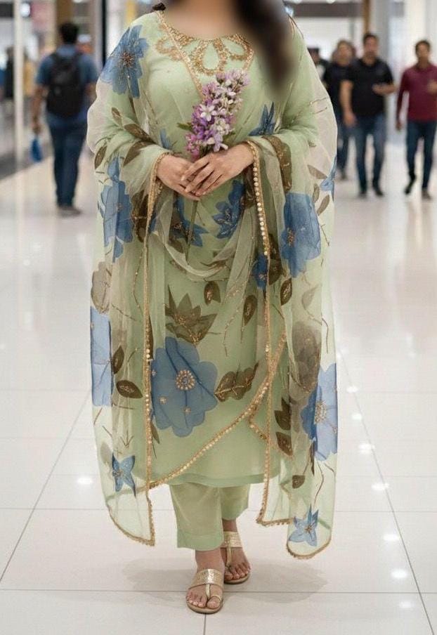 3PC Handmade Organza Dress With Brush Paint Dupatta